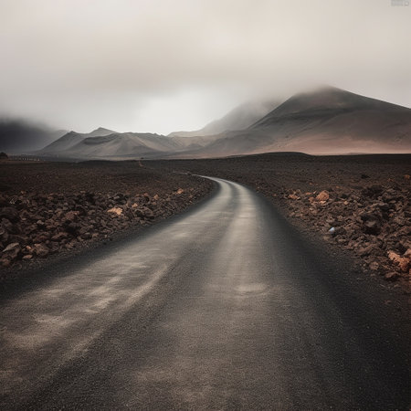 Road in the volcanic landscape of Lanzarote, Canary Islands, Spainの素材