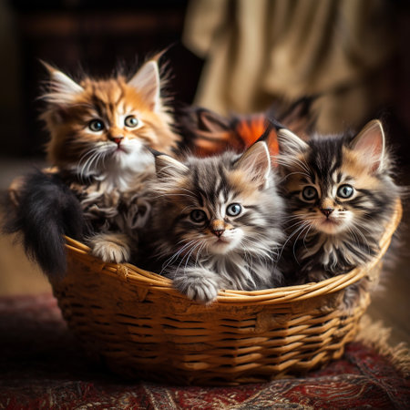 Three Maine Coon kittens in a basket. Selective focus.の素材