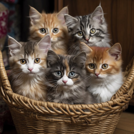 Group of kittens in a wicker basket on a wooden background.の素材