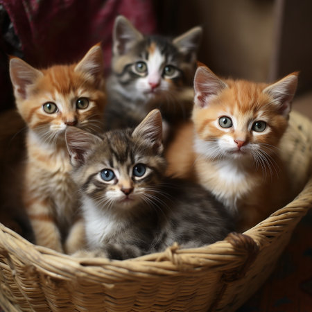 Group of cute kittens in basket on wooden background, close-upの素材