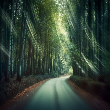 Road in the forest with motion blur effect, vintage style picture.の素材