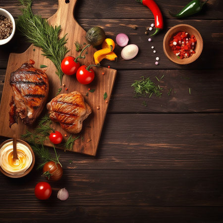 Grilled meat on cutting board with vegetables and sauce on wooden backgroundの素材