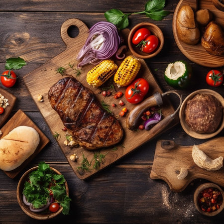Grilled beef steak with vegetables and herbs on wooden background. Top viewの素材