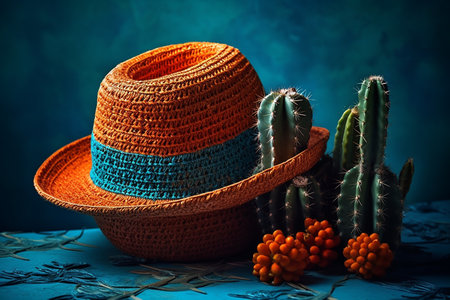 Straw hat with cactus and sea buckthorn on blue backgroundの素材