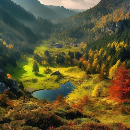 Autumn alpine landscape with colorful forest and lake at sunset.の素材