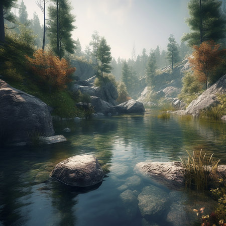 Mountain river in the autumn forest. 3d render digital illustrationの素材