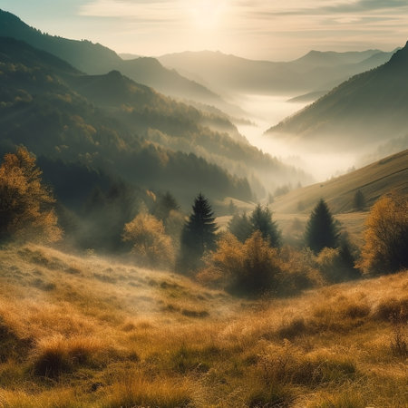 Foggy autumn morning in the Carpathian mountains, Ukraineの素材