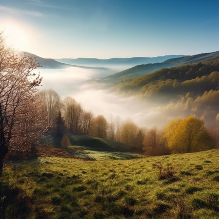 Foggy morning in the Carpathian mountains. Ukraine, Europe.の素材