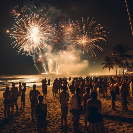 Group of people watching fireworks on the beach at Pattaya, Thailandの素材
