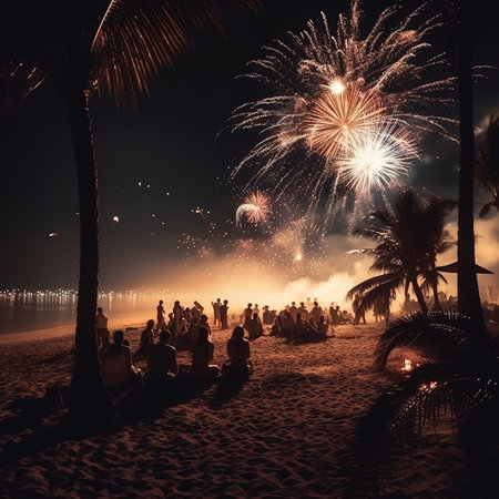 Crowd of people watching fireworks on the beach at night. Celebration conceptの素材