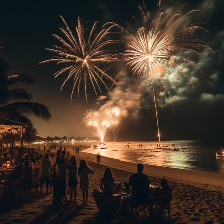 Tourists watching the fireworks on the beach in Pattaya, Thailandの素材