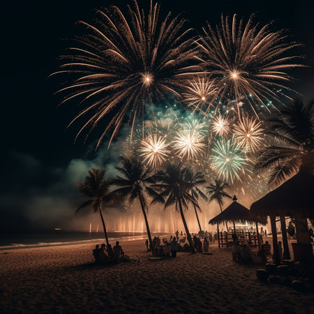 Holiday on the beach with fireworks in the night sky and palm treesの素材