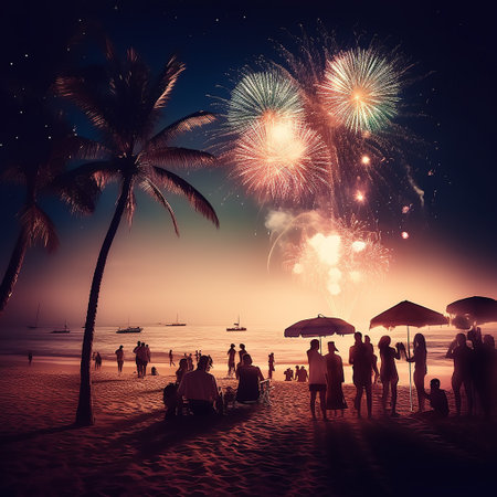 People enjoying fireworks on the beach with palm trees in the background.の素材