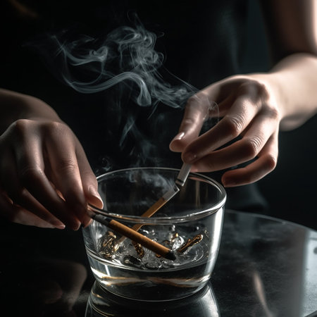 Cigarette in ashtray with glass of whisky on black backgroundの素材