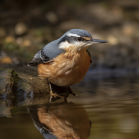Nuthatch, Sitta europaea, single bird in water, Warwickshireの素材