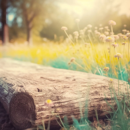 Wooden log in the meadow with yellow flowers - vintage effectの素材