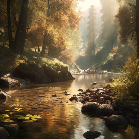 Autumn forest and river with sun rays, 3d render.の素材