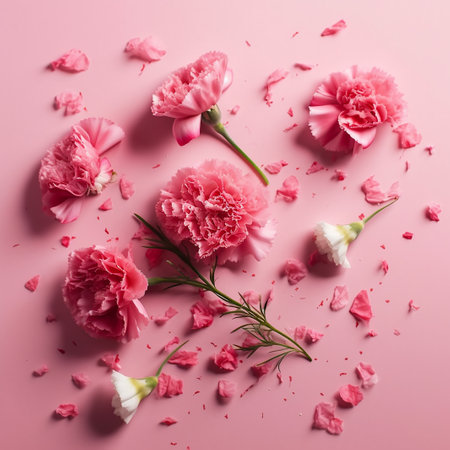 Pink carnation flowers and petals on pink background. Flat lay, top viewの素材