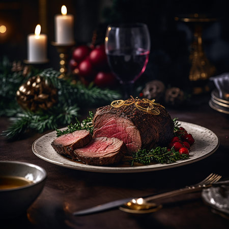 Christmas roast beef with cranberry and thyme on rustic wooden backgroundの素材