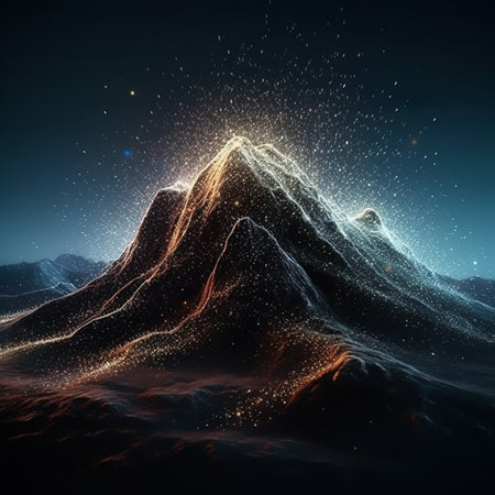 Fantastic 3d illustration of mountain landscape with glowing stars.の素材