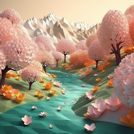 Beautiful spring landscape with blooming trees and mountains. 3D renderingの素材