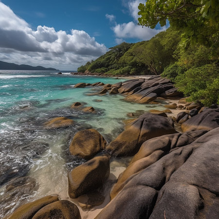 Beautiful seascape with granite boulders at Seychellesの素材
