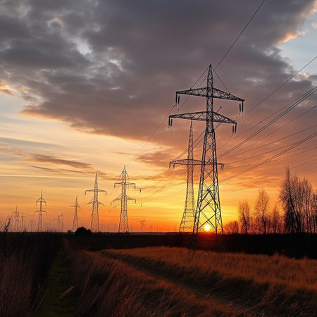 High voltage power lines and pylons at sunset. Energy conceptの素材