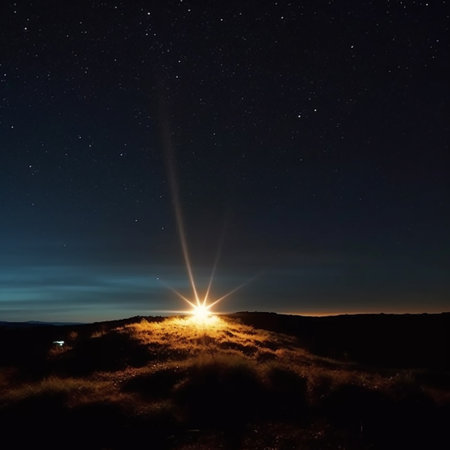 Night landscape with starry sky and a comet in the night skyの素材