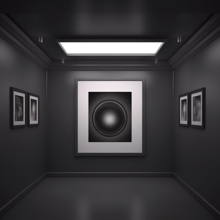 3d rendering of a room with black walls and a large speakerの素材