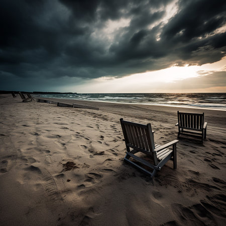 Two empty chairs on the beach at sunset. Dramatic sky.の素材