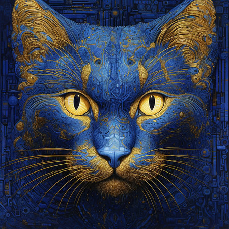 Abstract blue cat with yellow eyes on a blue background. 3d renderingの素材
