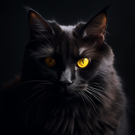 Portrait of a black cat with yellow eyes on a black backgroundの素材