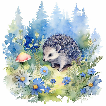 Watercolor hedgehog in the forest. Illustration for your designの素材