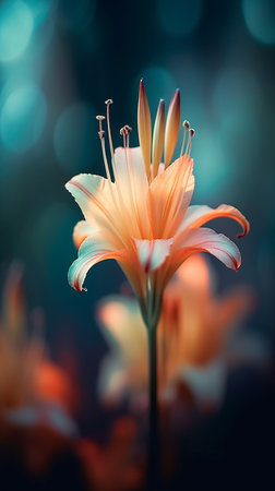 Beautiful orange lily flower on a dark background with bokehの素材