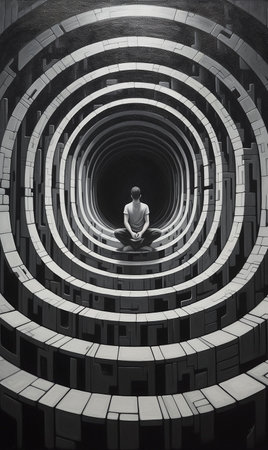 Man meditating in a tunnel of black and white 3d illustrationの素材