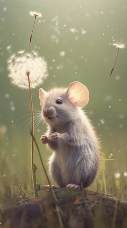 Cute gray mouse with dandelion in the spring forest.の素材