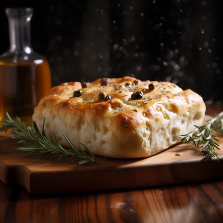 Traditional italian focaccia bread with olives and rosemaryの素材