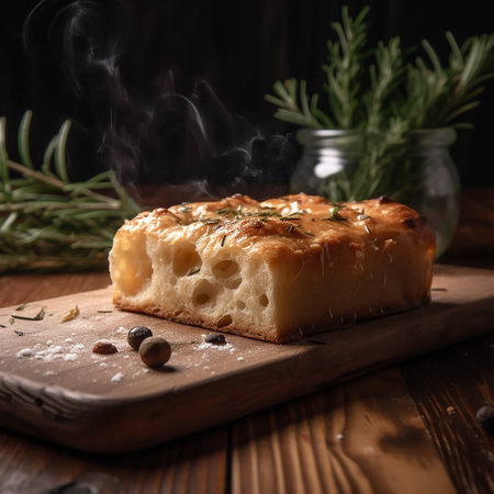 Sliced homemade focaccia bread with rosemary and black pepper on wooden boardの素材