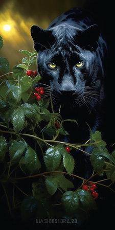 Black panther on the background of a green bush with red berriesの素材