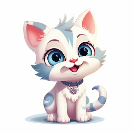 Cute cartoon cat with blue eyes. Vector illustration isolated on white background.の素材