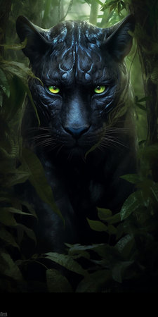 Black panther with green eyes in the forest. 3d renderingの素材