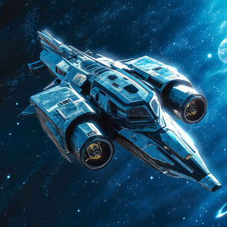 Space ship in outer space. 3D rendering of space ship.の素材