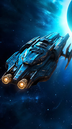 Space ship in space against the background of the starry sky.の素材
