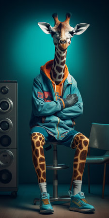 Portrait of a giraffe dressed in a jacket and leggings.の素材