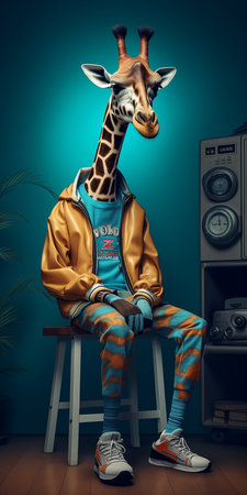 Fashionable giraffe sitting on a chair. 3d renderingの素材