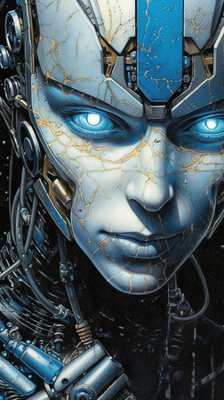 3D rendering of a female robot with a blue metallic background.の素材