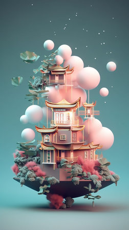 Chinese house in the clouds. 3D illustration. Copy space.の素材
