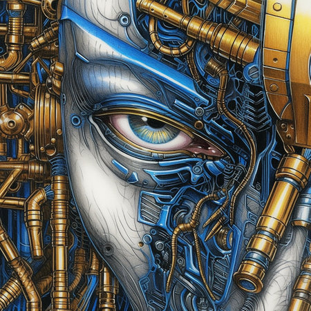 3D rendering of a female cyborg with a spaceship in the backgroundの素材
