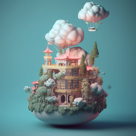 Fantasy landscape with a house in the form of a planet. 3d renderingの素材