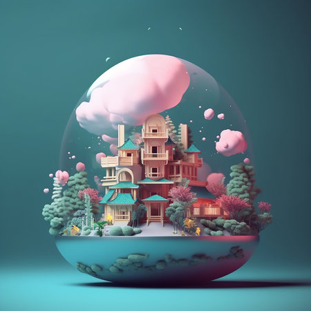 3D render of a fantasy house in a snow globe with cloudsの素材